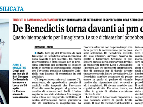 De Benedictis torna davanti ai pm di Lecce. Quarto interrogatorio per il magistrato.